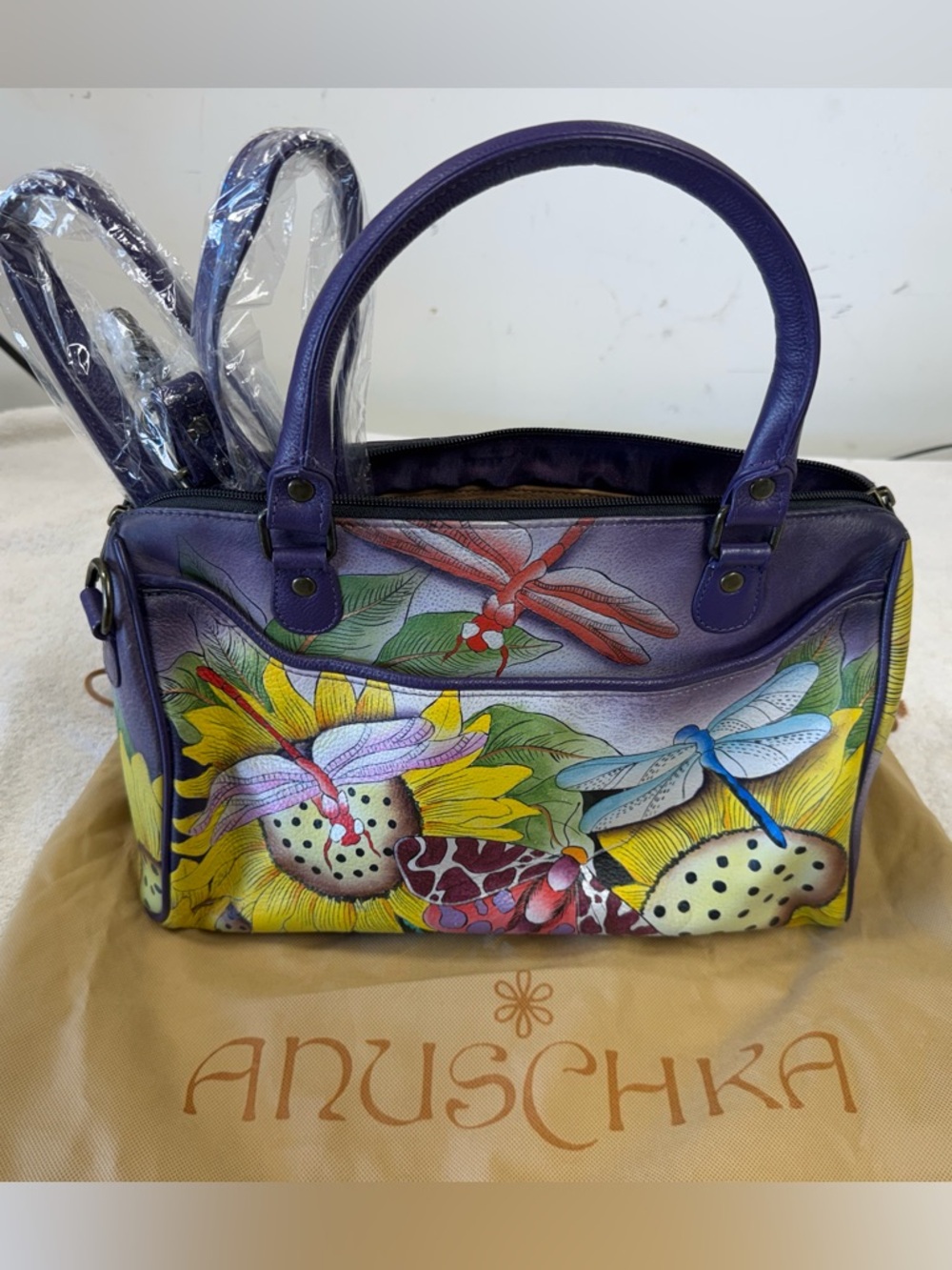 Anuschka Purple Leather Satchel with Hand-Painted Dragonflies & Sunflowers 🌻